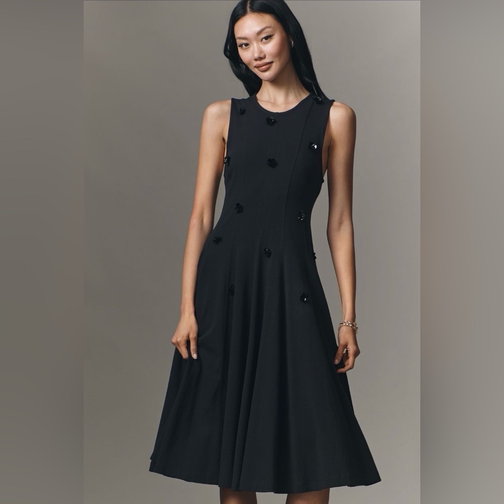Maeve Black Midi Dress with Floral Accents